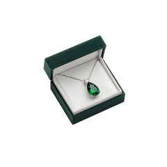 diamond necklace with emerald pendant in velvet box isolated on a transparent background, in a PNG format