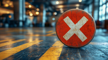 A weathered red circular sign with a white X mark stands on a concrete floor with yellow warning stripes in an industrial setting.