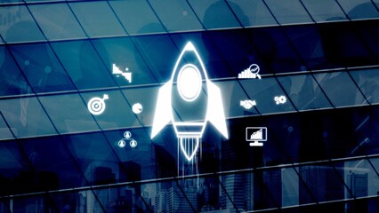 Startup launch and business growth concept, rocket symbolism, entrepreneurship, startup innovation,...