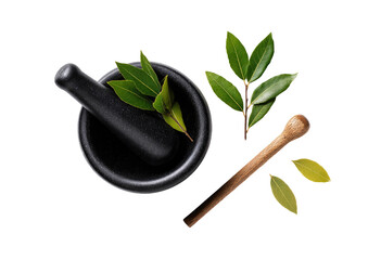 Dark stone mortar and pestle with fresh bay leaves