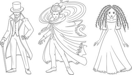 Elegant Line Art Figures Collection Gentleman Sorcerer Ghost on Transparent Background