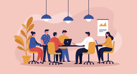 Diverse business team collaborating in a modern office meeting, discussing strategies and ideas with laptops and a presentation chart. Ideal for corporate, teamwork, and planning concepts.