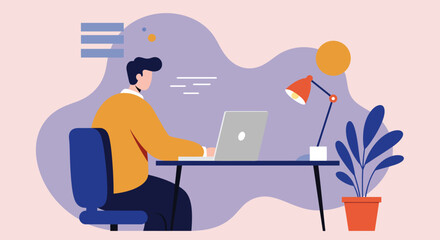 Man working on laptop at a modern desk, symbolizing remote work, productivity, business, and a focused digital lifestyle. Perfect for tech or corporate use.