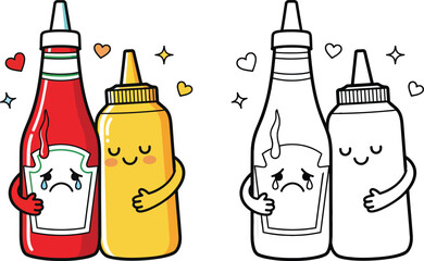 Cute Ketchup and Mustard Bottles Hugging