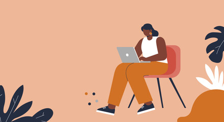 A focused woman works remotely on her laptop, embodying productivity, flexible work, and modern lifestyle. Ideal for business, education, or digital nomad themes.