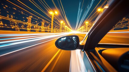 Car driving on a highway at night with light trails from streetlights and traffic, creating a sense of speed and motion