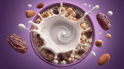 Granola Bowl with Milk Splash and Nuts, Top View on Purple Background, Dynamic Breakfast Flat Lay with Copy Space