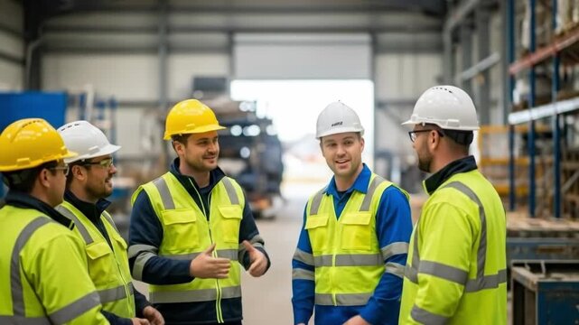 A group of five construction workers in hard hats and highvisibility vests huddle together in a warehouse, discussing plans and shaking hands