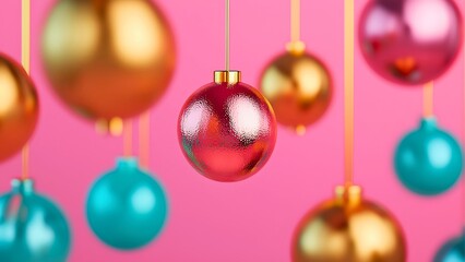 Festive Christmas ornaments hanging against a pink background, adding a touch of holiday cheer. The colorful ornaments are beautifully suspended.