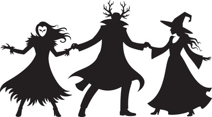 Silhouette Dance of the Mystical Trio A Dark Gathering Under the Moonlit Sky Vector Art