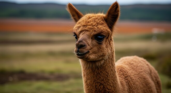 Adorable brown alpaca looking curious in a rural pasture.