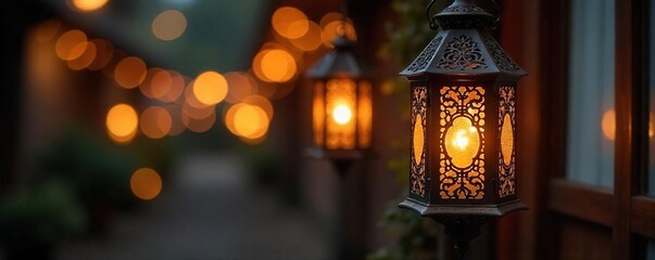 Elegant hanging lantern, intricate metalwork, warm ambient glow, perfect for home decor, festive lighting, adds a touch of rustic charm to any space , ambient lighting, pendant light