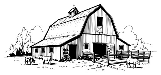 Wooden farm barn in a rural landscape sketch © Mago