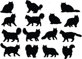 Long Hair Cat Silhouettes, Black Furry Cat Vector, Persian Cat Clipart, Domestic Animal Graphic, Pet Outline, Cat Side View
