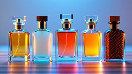 A beautifully rendered collection of designer-style perfume bottles, each with a unique shape and color, presented in a row on a glossy, reflective platform under studio lighting