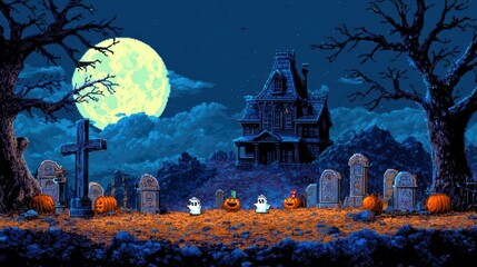 Pixel art depicting a haunted house on a hill overlooking a graveyard at night, under a large full moon, with carved pumpkins and ghosts in the foreground