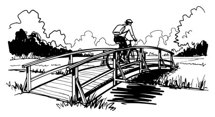 Obraz premium Cyclist on wooden footbridge over stream in park