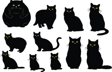Black Cat Silhouettes, Sitting and Standing Cats, Yellow Eyes Cats Vector, Cute Feline Icons, Pet Cat Clipart Collection