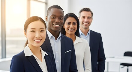 Confident diverse business team smiling, showcasing successful teamwork and collaboration in a modern office setting.