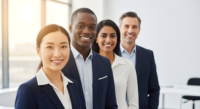 Confident diverse business team smiling, showcasing successful teamwork and collaboration in a modern office setting.