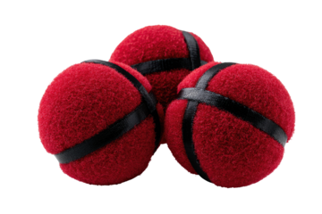 Three red balls, plush texture, black ribbon accents