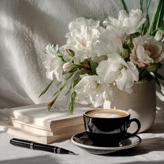Coffee Flowers Book Pen Still Life Arrangement