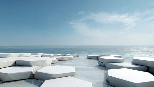 White hexagonal shapes form a platform by the ocean