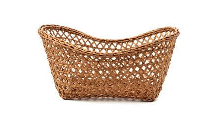 Fototapeta premium A woven brown basket with an open weave design sits isolated against a white background in a studio shot