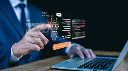 A businessman interacts with an AI chatbot using a virtual assistant for communication and customer support, symbolizing artificial intelligence, modern technology, and digital business solutions.