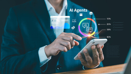 A businessman using smartphone with a futuristic AI interface, analyzing data, charts, and insights, symbolizing artificial intelligence in business management, strategy, decision-making, innovation.