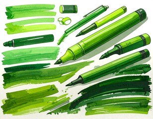 Collection of vibrant green markers and paint strokes