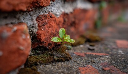 Naklejka premium Tiny sprout emerging from aged brick wall
