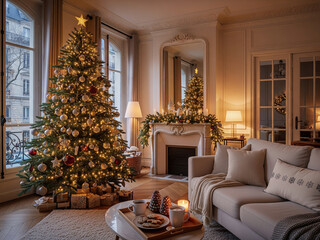 Salon chaleureux de Noël avec sapin, cheminée et gourmandises
