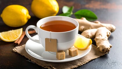 Warm cup of tea with lemon and ginger