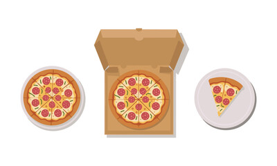 Pizza Vector Illustration Pack: Box Pizza, Whole Pizza, and Pizza Slice, easily editable and scalable.