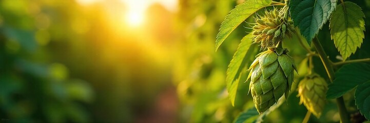 Golden sunlight streams through the leaves illuminating a bountiful harvest of ripe hops and barley, ready for brewing , fall, october, harvest time