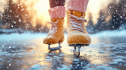 Winter wonderland scene showing ice skates on a frozen lake with fresh snow falling at golden hour.