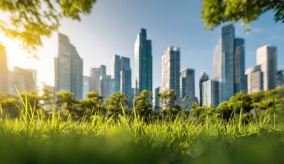 Fototapeta premium Lush green grass foregrounds a city skyline. Blurred modern buildings rise behind a park. Sunlight filters through trees