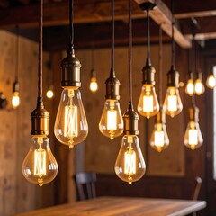 Warm Edison bulbs hang over a wooden table