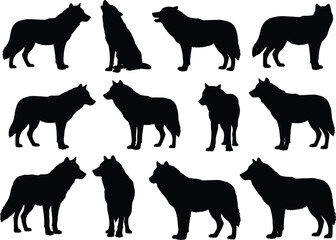 Black wolf silhouette set, wild animal shapes, nature wildlife icons, predator designs, vector graphics, forest creatures, outdoor, pack, hunting, howling wolves