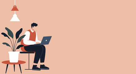 Modern man working on a laptop in a minimalist home office, ideal for remote work, online learning, and digital productivity concepts.