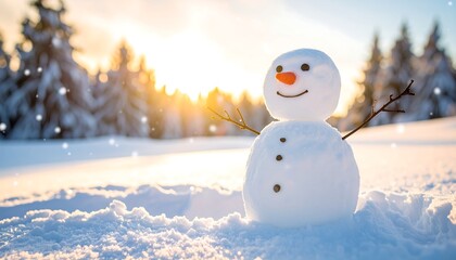 Obraz premium Snowman in snowy landscape at sunset (1)