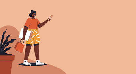 Smiling woman checks her phone while holding shopping bags, illustrating a modern casual lifestyle, online shopping, and digital connectivity.