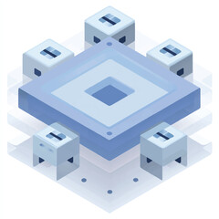 Decentralized data network with nodes connected to central server for blockchain technology representation in isometric style
