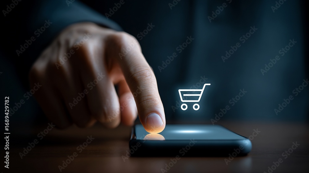Wall mural person using smartphone with shopping cart icon hovering above in dark environment