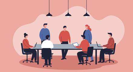 Diverse business team collaborating in a modern office meeting room. Professionals discussing strategy and ideas, representing teamwork and corporate growth.