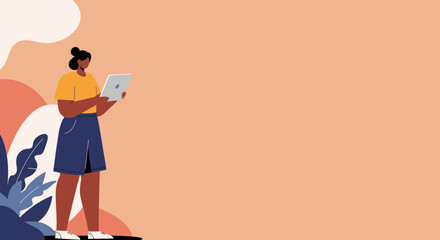 Woman casually using a digital tablet for browsing, learning, or remote work against a warm, abstract background with plants. Ideal for technology, education, or lifestyle content.