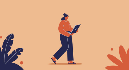 Woman walks casually while working on a laptop, symbolizing remote work, digital lifestyle, and mobile connectivity. Ideal for business, technology, or modern work concepts.