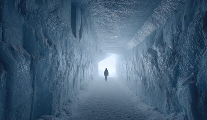 A solitary figure walks a frozen tunnel
