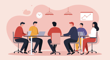 Diverse business team collaborating in a modern office meeting room, discussing strategy and analyzing growth. Perfect for corporate communication, teamwork, and professional development.